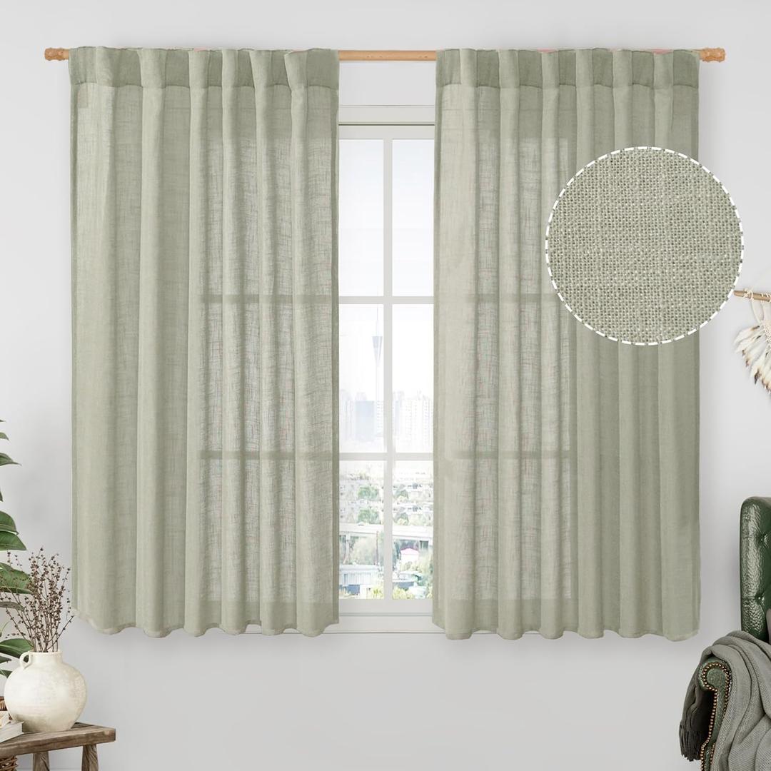 LAMIT Sage Grey Linen Curtains 54 Inch Length 2 Panels, Light Filtering Panels Back Tab and Rod Pocket Neutral Drapes for Kitchen/Window/Bedroom, 52 x 54 Inch