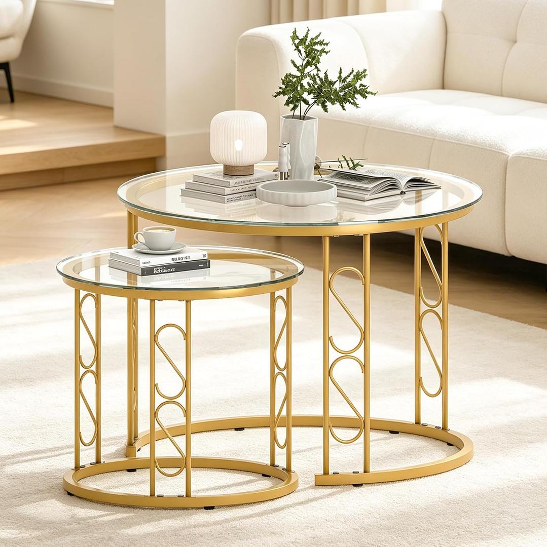 Garden 4 you Nesting Coffee Table, 23.6" Round Coffee Table Set of 2, Glass Nesting Table with Metal Frame, Ceter Tables for Living Room Bedroom Balcony, Gold