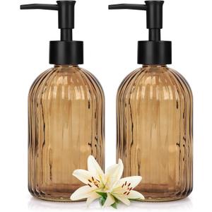Glass Soap Dispenser with Plastic Pump, Hand Soap Dispenser for Hand Wash, Lotion Dispenser for Dishwashing Liquid, Lotion Shower Gel (Striped Brown)