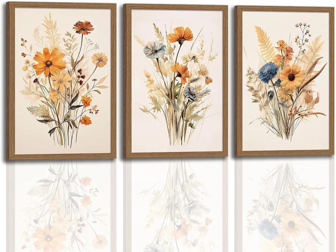3Pcs Vintage Wildflower Framed Canvas Wall Art Rustic Botanical Floral Pictures Prints for Living Room Bedroom Bathroom Retro Boho Wall Decor for Home Aesthetic 12x16 inch Ready to Hang