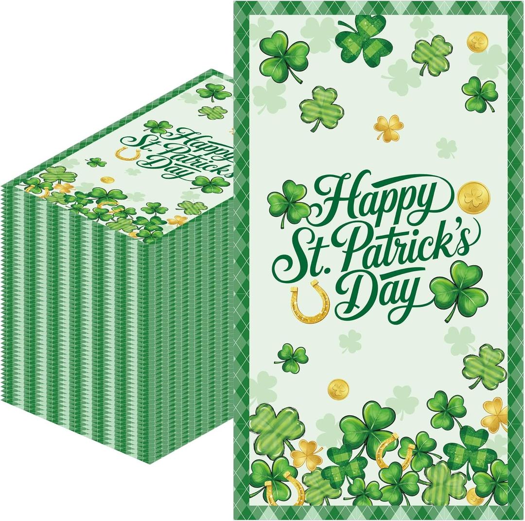 100 Pcs St. Patrick's Day Napkins, Disposable Green Shamrock Lucky Clover Paper Hand Towels Cocktail Guest Napkins for Home Dinner Bathroom Holiday Irish Party Favors Supplies