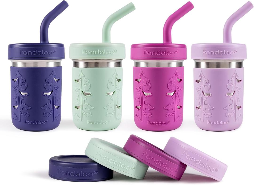Pandaloo Smoothie Cups for Kids - Stainless Steel Toddler Tumbler with Straw, Sippy Cup for Smoothies - BPA-Free, Toddler Snack Cups, 10 oz (Pack of 4, Blueberry/Sweet Sage/Deep Purple/lilac)