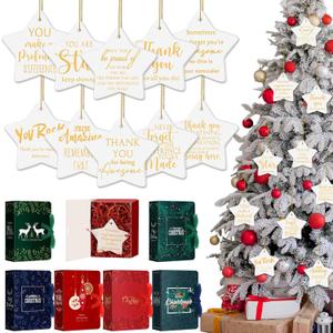 Beeveer 20 Sets Christmas Ornaments for Coworker Star Shaped Ceramic Ornaments Double Sided Printing Inspirational Xmas Tree Hanging Ornaments with Gifts Box Ribbon Raffia for Staff Thank You Gifts