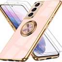 for Samsung Galaxy S21 Plus 5G Case, with 2 Screen Protector, Built-in 360 Ring Holder Magnetic Stand, Luxury Electroplated Plating Edge Shockproof Protective Phone Cover, Rose Gold