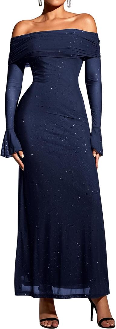 KUTUMAI Women Off Shoulder Bodycon Maxi Dress Long Sleeve Mesh Ruched Party Formal Wedding Guest Dresses (Navy, M)