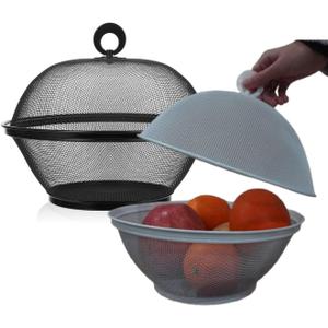 Metal Mesh Fruit Bowl with Lid (Set of 2) - Fruit Fly Proof Kitchen Counter Storage Basket for Fruits, Vegetables, Bread - Black White Green Gray Options (Black & White)