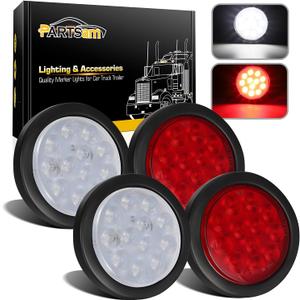 Partsam 4Pcs 4" Inch Round Led Stop Turn Tail Back-up Reverse Fog Lights 12 LED Include Lights Grommet 3-Prong Wire Pigtails Round LED Trailer Tail Light Kit for Truck Trailer RV( 2 Red + 2 White)