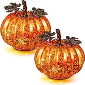 2 Pcs Fall Thanksgiving Glass Pumpkin Halloween Light up Lit Mercury Glass Pumpkins Light with Timer LED Battery Operated for Home Table Decor Centerpieces Kitchen