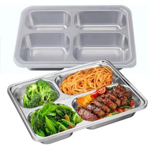 2Pack Stainless Steel Divided Plates Tray with Lids - 4 Section,Picnic Plates Non Toxic Serving Platter, Dinner Snack, Camping Dishes Picky Eaters and Portion Control (Silver)