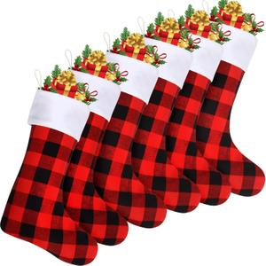 6 Pack Christmas Stockings Bulk, 18 Inch Large Red Black Buffalo Plaid Fireplace Hanging Stockings for Family Holiday Xmas Party Decoration