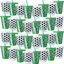 Sieral 30 Pcs Soccer Cups with Straws and Lids 16 oz Football Cups White Green Plastic Tumblers Reusable Iced Coffee Travel Mug for Sport Theme Party Supplies Decorations