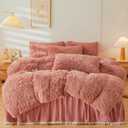 Faux Fur Comforter Cover Set - Fluffy Plush Dusty Rose Bedding 4Pcs (1 Duvet Cover + 2 Pillowcases + 1 Velvet Bed Skirt) - Queen