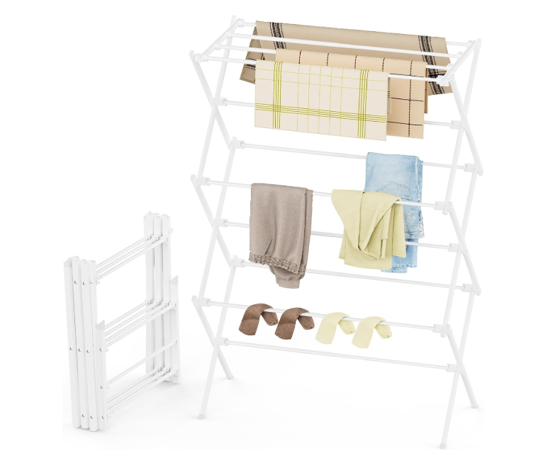 Drying Rack Clothing, 3-Tier Clothes Drying Rack Foldable, Antirust Laundry Drying Rack Collapsible Use for Indoor & Outdoor, 11.8" D x 34.6" W x 35.4" H, White 