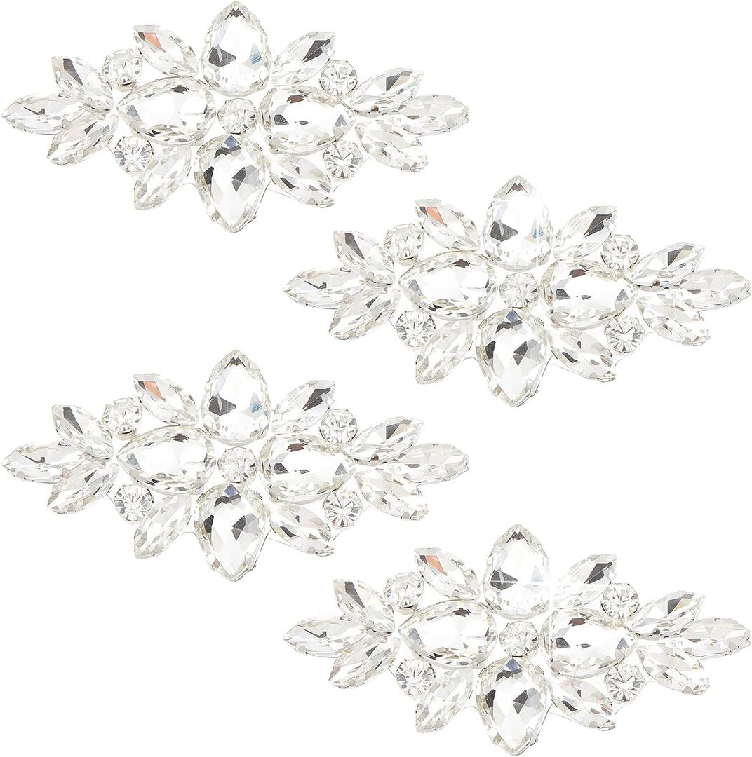 FINGERINSPIRE 4PCS Flower Glass Rhinestone Applique (Flower, 1.7x3.3inch) Wedding Bridal Applique Iron on Rhinestone, Crystal Hair Applique, Costume Decoration for Women Clothes Dress Shoes (4 Pcs- Flower)