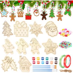 Chunful 20 Sets Christmas Gingerbread Crafts Kit Make Your Own Gingerbread Houses Wooden Christmas Ornaments Bead DIY Crafts Bulk for Xmas Party Supplies Tree Decoration