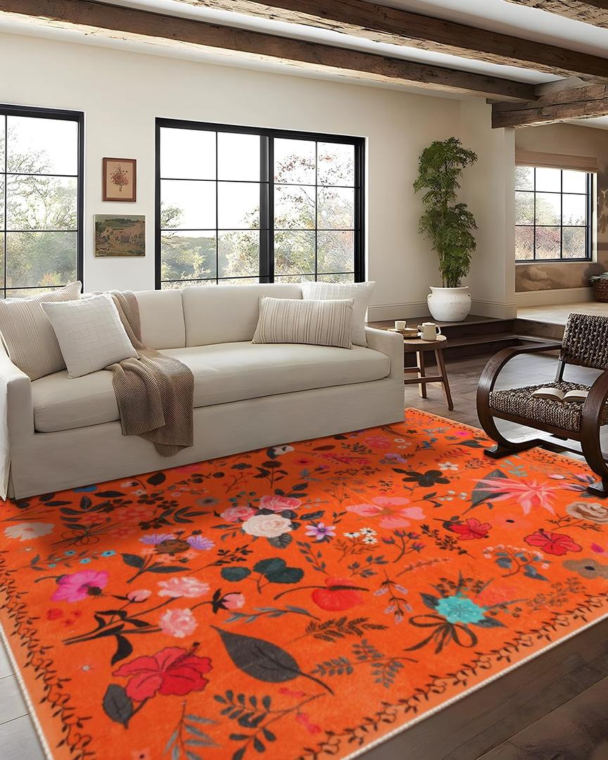 CRYPTOLITE Area Rug 8x10, Washable Large Rugs for Living Room, Non Slip 0.27″ Low Pile Vintage Floral Large Carpet for Bedroom, Living Room, Dining Room, Kids Playroom (Orange)