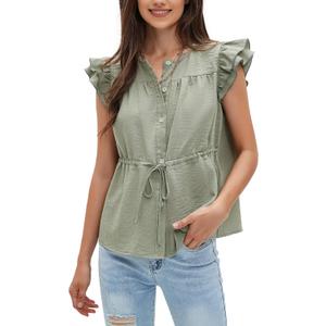 EXLURA Womens Button Down Blouses Casual Ruffle Cap Sleeve Crewneck 2025 Summer Tops Peplum Drawstring Dressy Work Shirts (Medium, Light Green)