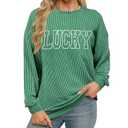 Women St. Patrick's Day Sweatshirts Shamrock Clover Long Sleeve Shirt Irish Pullover Casual Ribbed Knit Tops, Size S, Green