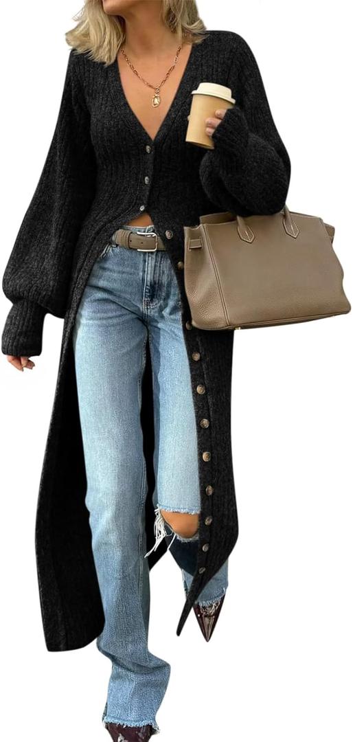 Saodimallsu Womens Long Cardigans V Neck Button Down Chunky Knit Dusters Sweater Coat Fall Trendy Maxi Sweater Dress (Small, Black)