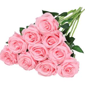 Nubry Artificial Silk Rose Flower Bouquet Lifelike Fake Rose for Wedding Home Party Decoration Event Gift 10pcs (Pink)