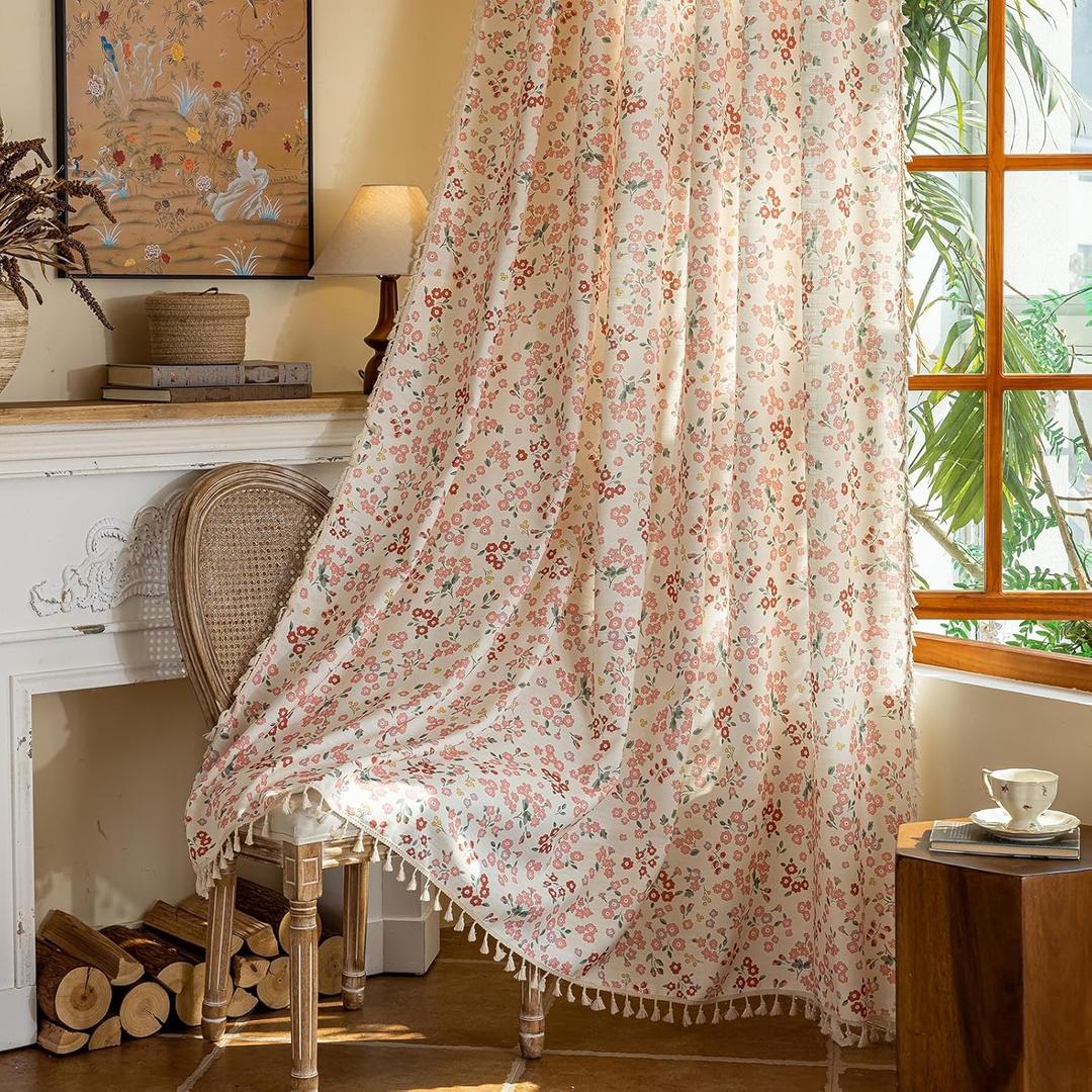 OYX Pink Boho Farmhouse Floral Curtains 84 Inch Long 2 Panels For Living Room, Flower Girl Bedroom Light Filtering Drapes, Vintage Country French Patterned Rod Pocket Aesthetic Decor Window Treatments