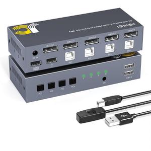 KVM Switch DisplayPort 8K@60Hz, 4 Way DP KVM Switcher for 4 Computer Share 1 HD Monitor and USB Keyboard Mouse, with 4 USB Cable & Wired Remote