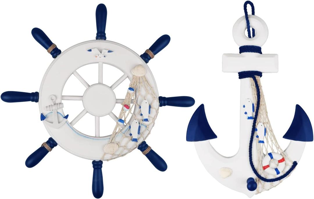 2 Pack 13" Nautical Beach Wooden Ship Wheel and 13" Wood Anchor with Rope Nautical Boat Steering Wheel Rudder Anchor Wall Decor Door Hanging Ornaments Beach Theme Home Wall Decoration