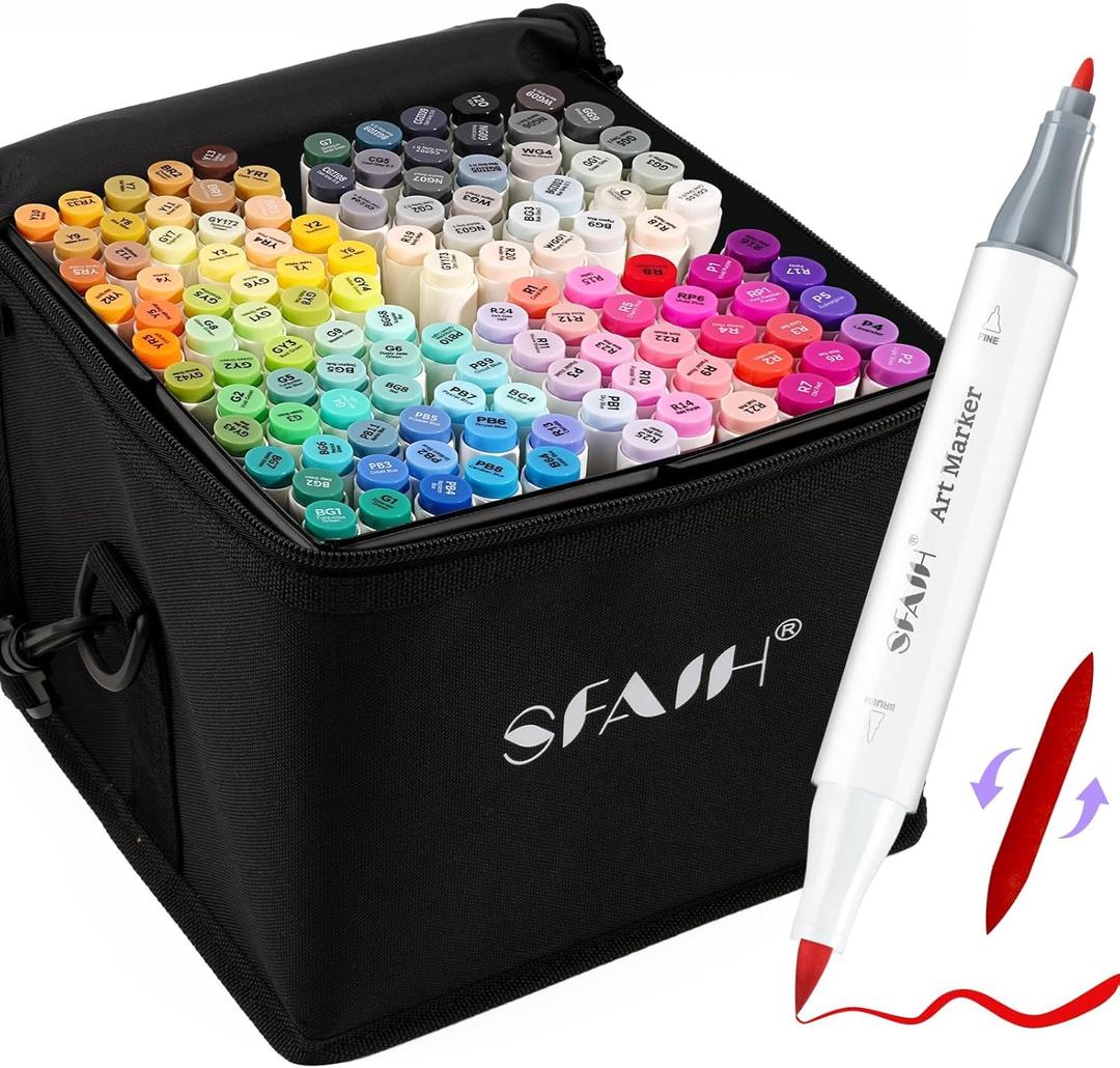 SFAIH Markers Brush & Fine - 121 Colors Double Tipped Art Markers for Adult Coloring Illustration, Gifts for Artist Adult - Adjustable Shoulder Strap & Faux Leather Lining & Outer Zip Pocket