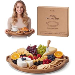 Premium Acacia Wood Round Charcuterie Board, 13 Inch Snack Board with Side Handles, Wooden Cheese Board and Serving Platter for Appetizers, Bread, Fruit and Snacks
