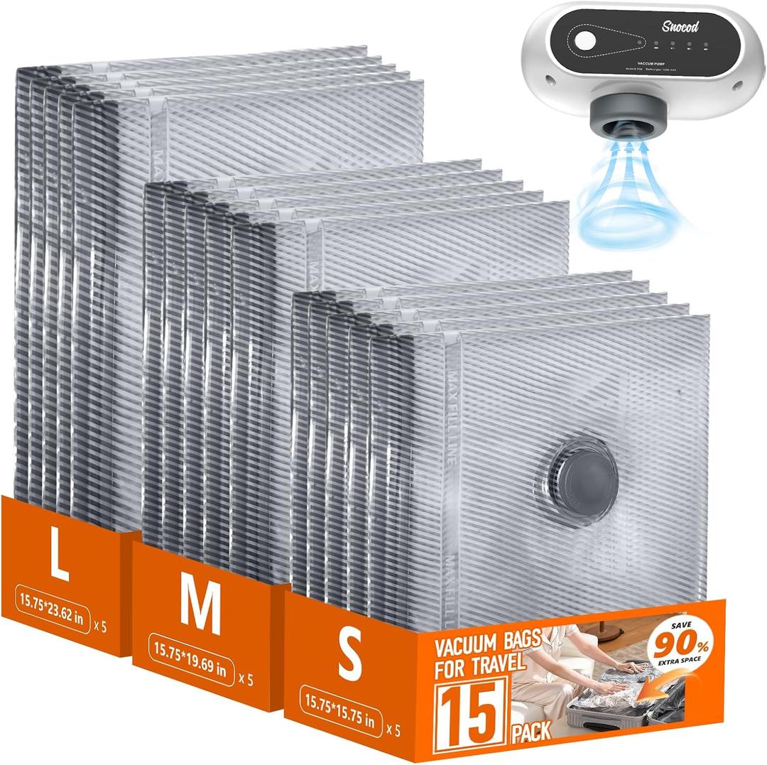 15 Pack Vacuum Storage Bags with -70KPa Electric Pump, Premium Tear-Resistant Reusable Bags for Clothing, Space Saving Essentials for Travel, White