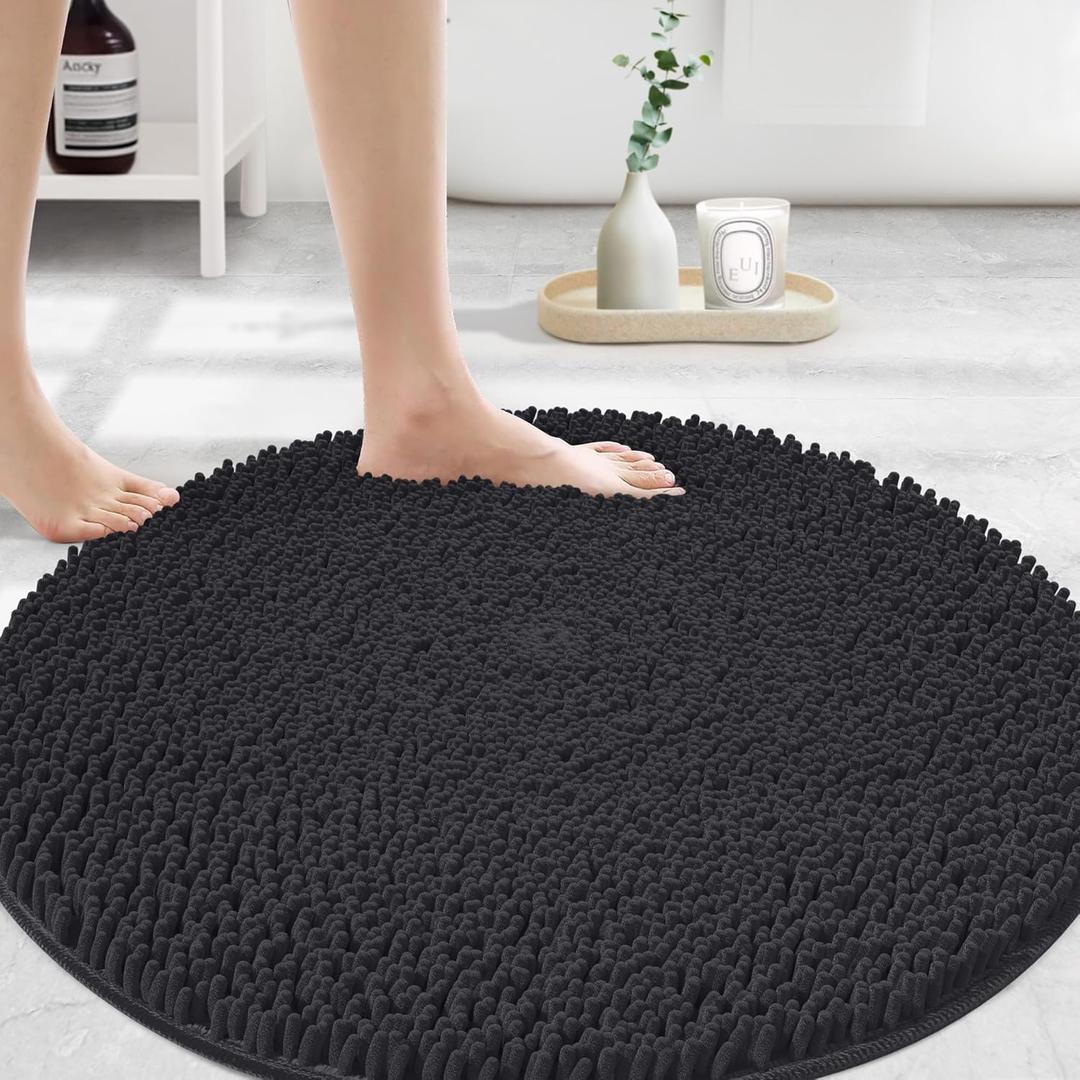 MAYSHINE Round Area Rug Set for Bathroom | Soft Plush Chenille Bath Mat, Water Absorbent Non-Slip Bathroom Rug | Washable Shag Carpet for Shower, Bedroom, or Home Dcor | 36"x36" (Round) | Black