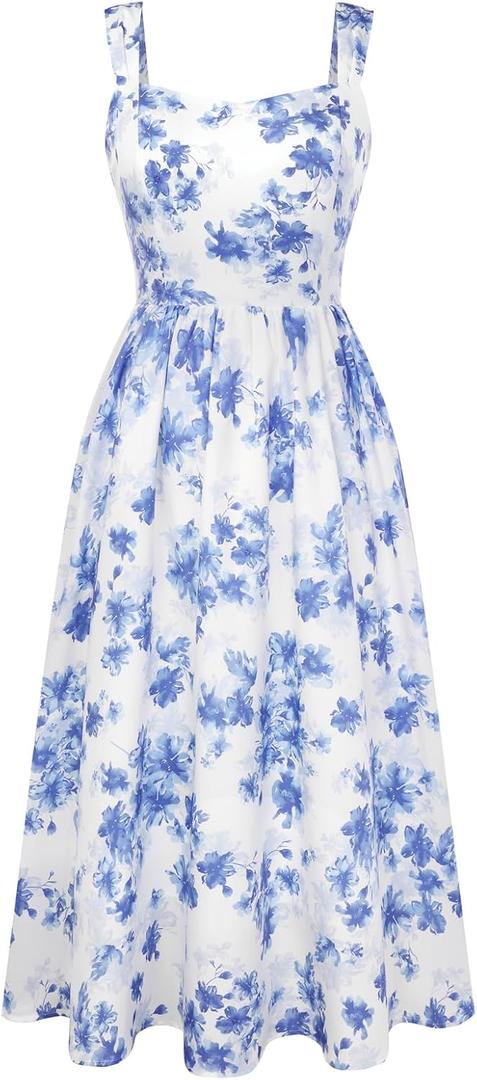 Belle Poque Women's Floral Midi Sundress with Pockets Sweetheart Neckline A Line Spring Summer Dresses for Wedding Guest Large