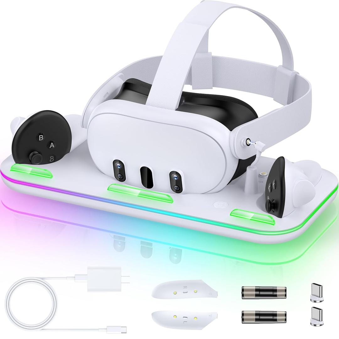Fast Charging Dock for Meta Quest 3S/Quest 3 Accessories VR Headset Vertical Charging Station with RGB, Magnetic Charger Mode for with 2 Rechargeable Batteries-Large for Quest 3S/Quest 