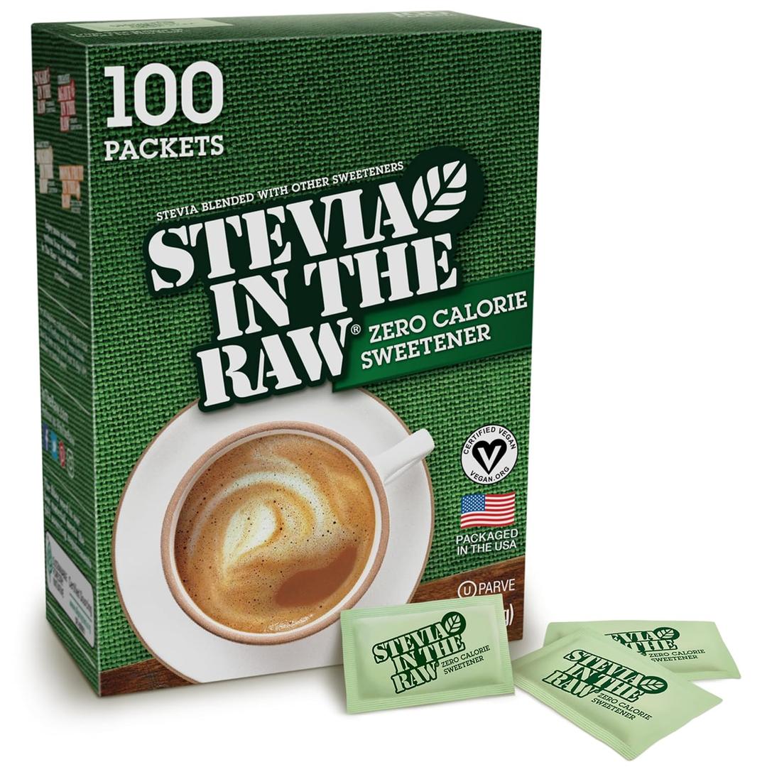Stevia In The Raw, Plant Based Zero Calorie, No Erythritol, Sugar Substitute, Sugar-Free Sweetener for Coffee, Hot & Cold Drinks, Suitable For Diabetics, Vegan, Gluten-Free, 100Count Packets (1 Pack), Best By: 11/26/27