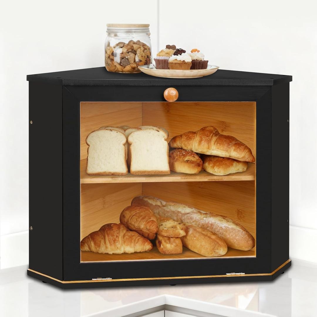 Bamboo Corner Bread Box for Kitchen Countertop - Double Layer Bread Storage with Clear Window, Black Wooden Bread Keeper Organizer for Homemade Bread, Under Cabinet Mount, Fits Countertop & Pantry