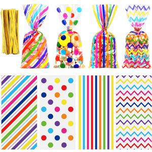 Aneco 100 Pack Rainbow Cellophane Bags 10.6 x 5.1 Inch Plastic Candy Bags Gift Bags Goodie Bags with Twist Ties for Valentine, Birthday, Gift Cookie Snack Packing Party Favor Supplies