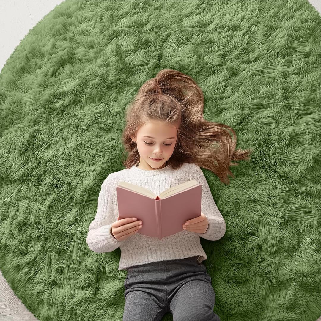 Olanly Green Round Rugs for Bedroom - Machine Washable, 5 ft Circle Area Rugs for Living Room, Soft and Fluffy Shaggy Carpet for Teen Girl and Boys, Nursery Rooms, Dorms, Home Decor Aesthetic