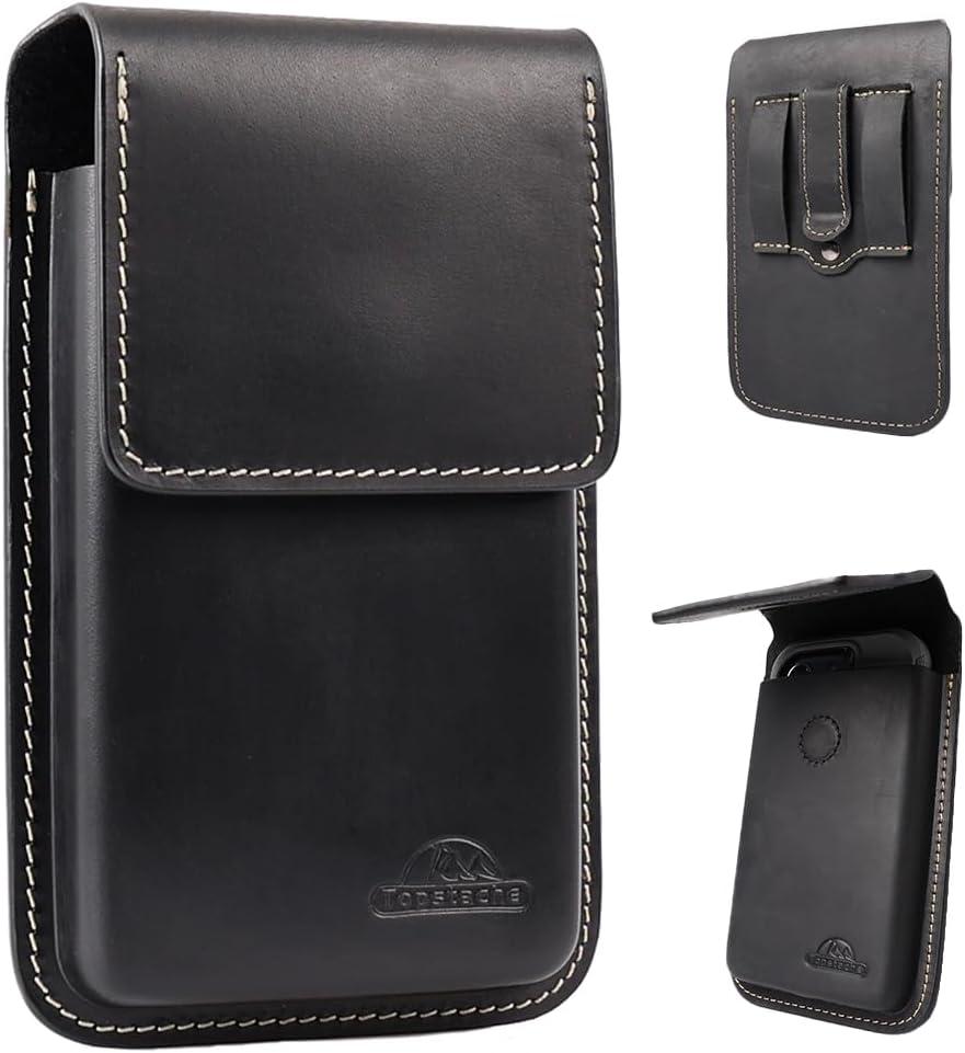 Topstache Leather Cell Phone Holster with Belt Clip - Flip Cell Phone Holder for iPhone 17/16/15/14/13/12 - Magnetic Closure Leather Belt Pouch Case for Galaxy S25/S24/S23/S22, L,Black