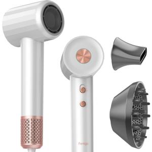 Fentgo High Speed Ionic Hair Dryer with Diffuser, Professonal Blow Dryer 110,000 RPM Brushless Motor for Fast Drying, 1500W 4Temps /2Speeds, Thermo-Control Hairdryer for Women Home Travel (White)