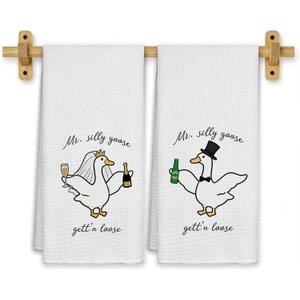 2 x Funny Goose Kitchen Towels, Bachelorette Party Gifts Dish Tea Towels for Kitchen Decor, Engagement Newly Engaged Gifts for Couples Decorative Hand Towel for Bathroom, 16x24 Inch Set of 2