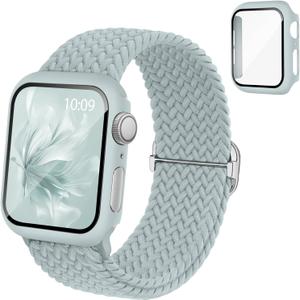 Braided Stretchy Band Compatible for Apple Watch Band and Case 40mm 41mm 42mm 44mm 45mm 46mm, Nylon Elastic Solo Loop and Protective Cover with Screen Protector for iWatch Series 11 10 9 8 7 SE 6 5 4 (Succulent)