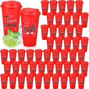 Skylety Pack of 50 Graduation Cups 2025, 16 oz Reusable Coffee Plastic Cups with Lids Graduation Party Cups for Grad Party Supplies Decorations Graduation Gift for Students Friends Classmates (Red)