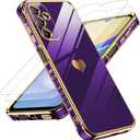 LeYi for Samsung Galaxy A15 5G Case: with Tempered Glass Screen Protector [2 Pcs]+ Full Camera Lens Protection,Love Heart Plating Girly Cute Luxury Shockproof Case, Cute Present for Mom, Dark Purple