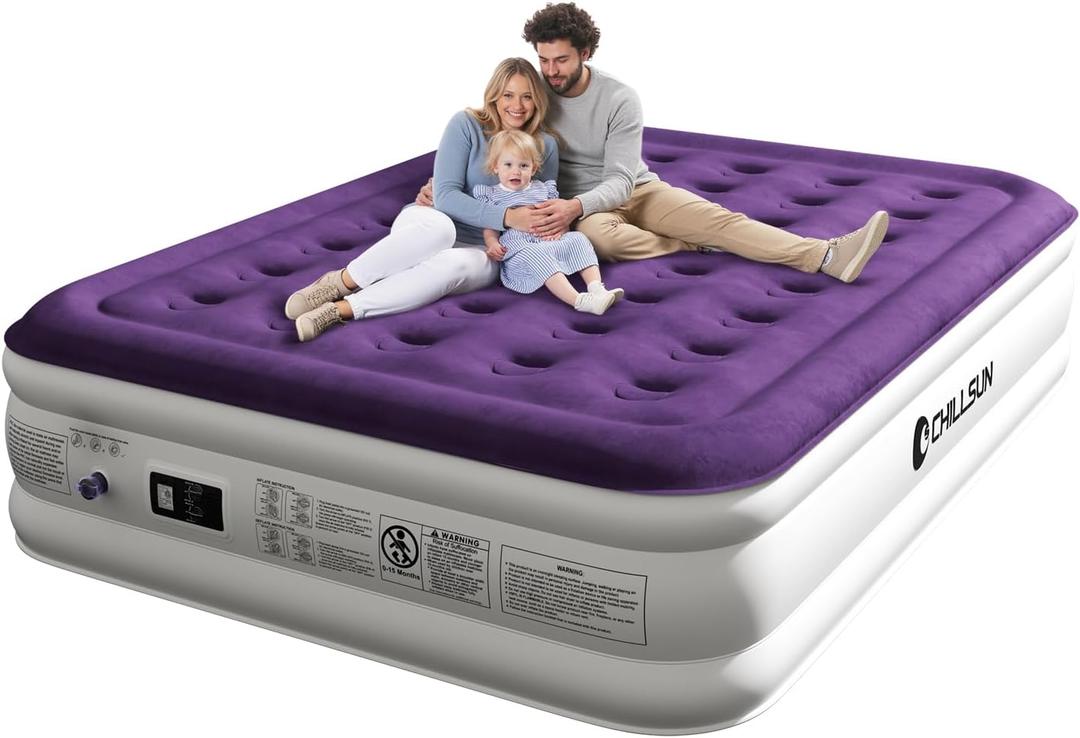 CHILLSUN Air Mattress Queen With Built in Pump - Upgraded Blow Up Bed,2 Mins Quick Self Inflatable and Deflate, 18"/650lbs Max, Strong Support, Flocked Top, Puncture Resistant, for Camping,Home,Guests (Purple)