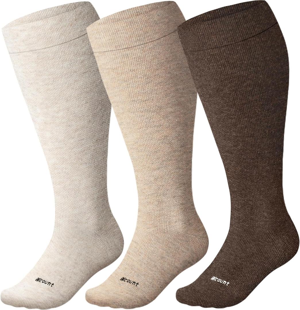 Cotton Plus Size Compression Socks for Women&Men Wide Calf 15-20 mmHg Knee High Soft Sock for Nurses, Pregnancy (X-Large, 3 Pairs-brown&beige&coffe)