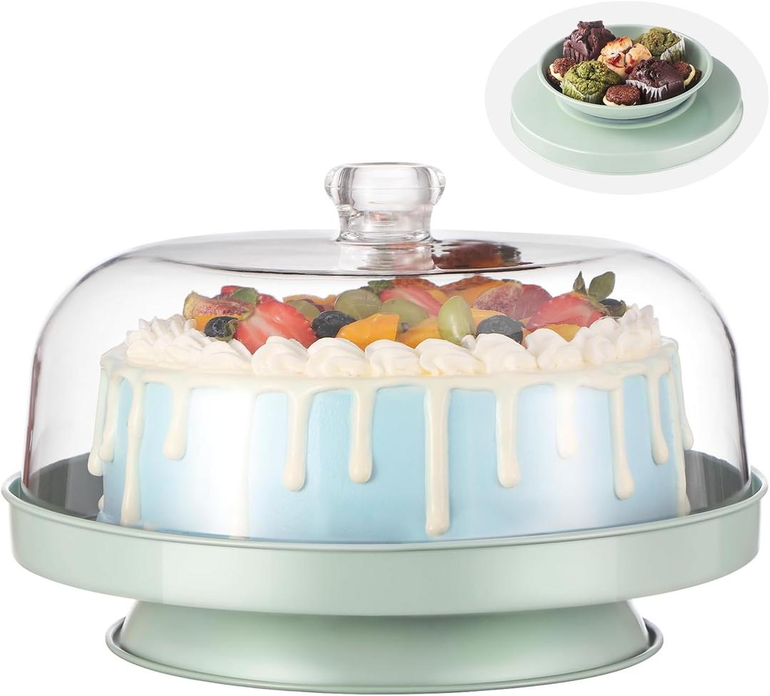 2-In-1 Cake Stand&Charcuterie Board with LidMetal Cake Holder With Acrylic Dome11.2 Large Dessert Display Stand for Cakes&CheesePieChips & DipsFooted Cake Serving Platter with Dome Cover (Cream Green)