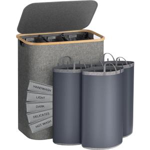 Famyards Laundry Hamper with Lid, 170L Extra Large Laundry Hamper 3 Section, Dirty Clothes Hampers with Removable Laundry Bags, Laundry Basket Organizer for Bathroom, Bedroom, Dorm Laundry Room(Grey)