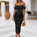 Women's Off the Shoulder Midi Dress Built-in Bra Ruched Corset Bodycon Formal Night Out Cocktail Party Dresses (Black, S)