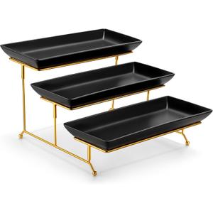 MALACASA 3 Tier Serving Trays for Party, 14 Inch Porcelain Black Trays for Serving Food, Dessert Stand with Collapsible Gold Metal Rack
