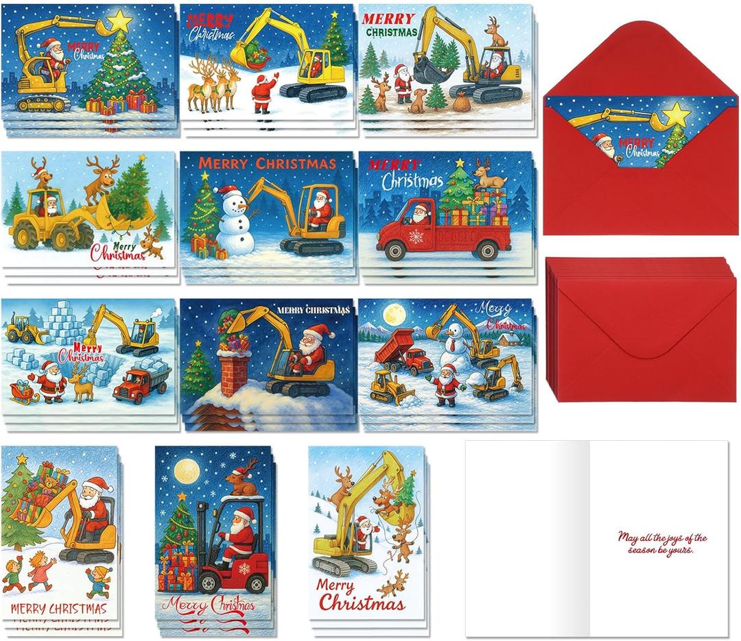 Epakh 36 Set Construction Christmas Cards Bulk Construction Thank You Cards with Envelopes Snowman Excavator Crane Theme Xmas Gifts for Holiday Family Friends Coworkers